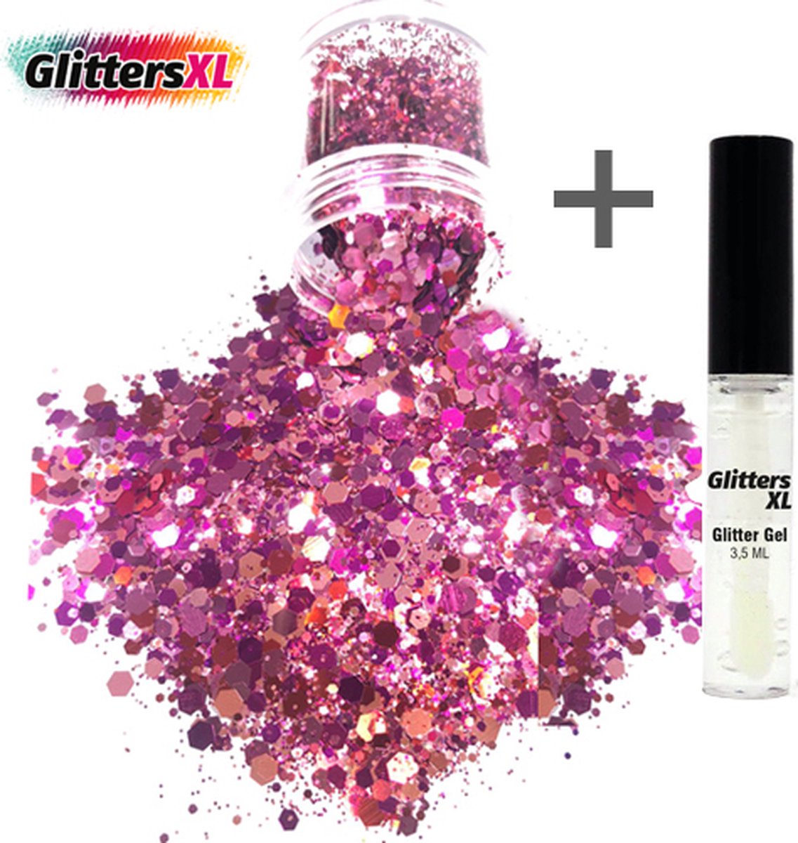 GlittersXL - Chunky Glitters (Roze) (Volume 8g) + Glitter Huid Lijm [Festival Makeup Gezicht Lichaam - Face Body Glitter - Biologisch afbreekbaar - Versiering Dames Volwassen Kinderen]